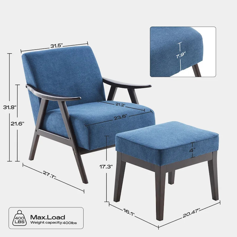 Fauteuil rembourré Mid-Century 27.7 avec cadre en bois massif et repose-pieds
