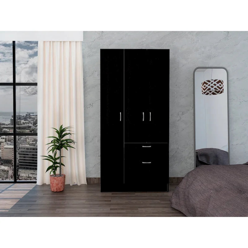 18.5 Armoire moderne à deux portes avec tringle métallique, un tiroir et cinq étagères