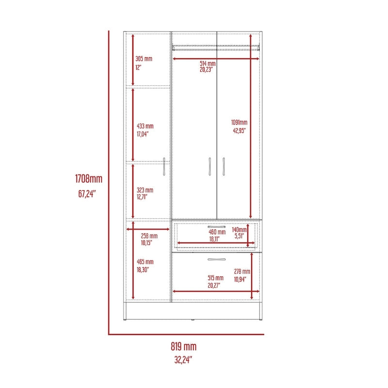 18.5 Armoire moderne à deux portes avec tringle métallique, un tiroir et cinq étagères
