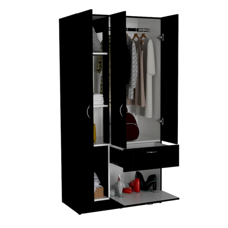 18.5 Armoire moderne à deux portes avec tringle métallique, un tiroir et cinq étagères