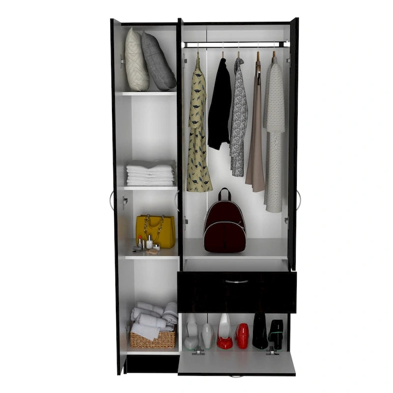 18.5 Armoire moderne à deux portes avec tringle métallique, un tiroir et cinq étagères