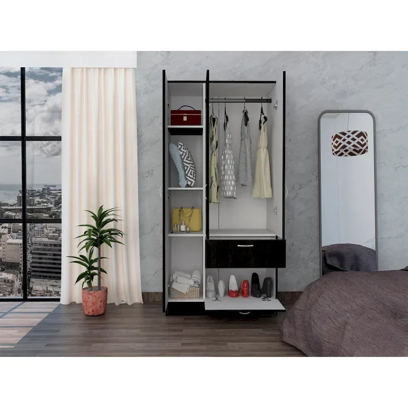 18.5 Armoire moderne à deux portes avec tringle métallique, un tiroir et cinq étagères