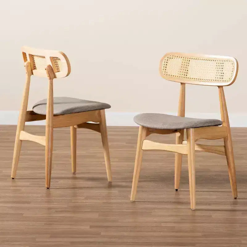Baxton Studio 2pc Tarana Fabric and Wood Dining Chairs: Mid-Century Design, Rattan Detail