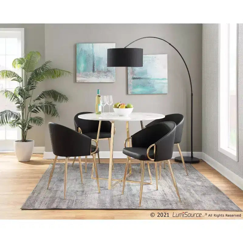 Set of 2 Claire Dining Chairs Gold/Black Faux Leather - LumiSource: Upholstered Kitchen Armchairs, Steel Frame, Foam Padding