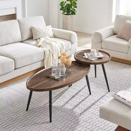 2pc Paxton Round & Oval Mid-Century Coffee Table Set Walnut: Storage, Tapered Legs, Laminated Surface, Scandinavian Style