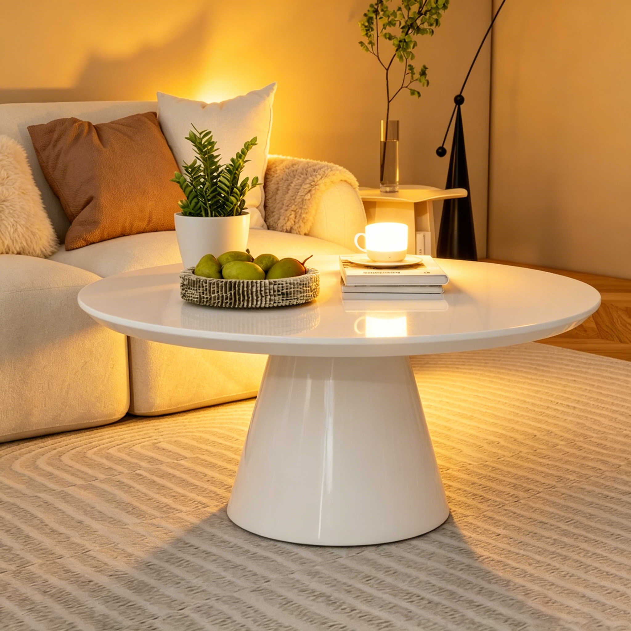Table Basse Cône Moderne pour Salon, Finition Brillante, 90cm de Diamètre, Noir ou Blanc