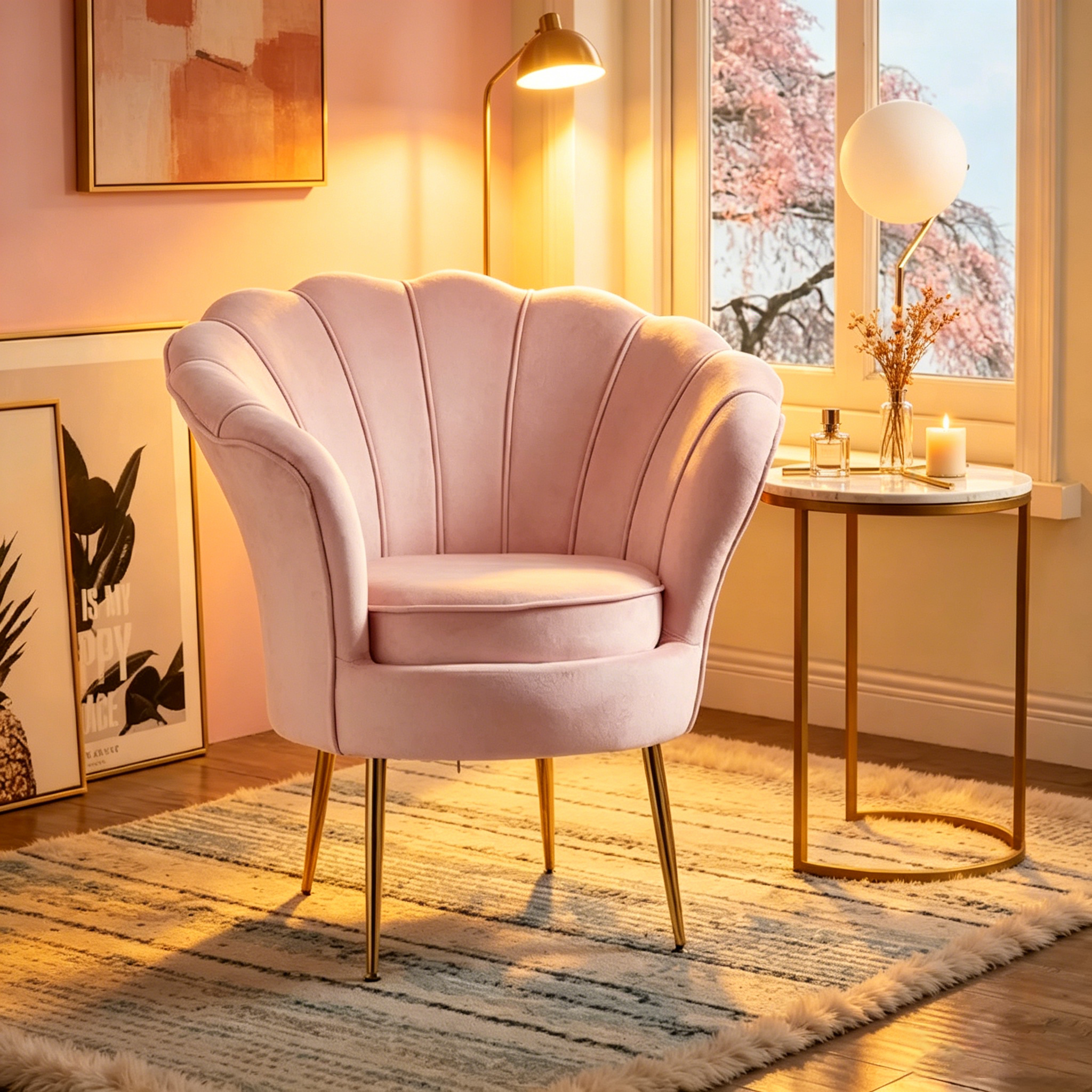 Fauteuil crapaud en velours avec dossier festonné et pieds en métal