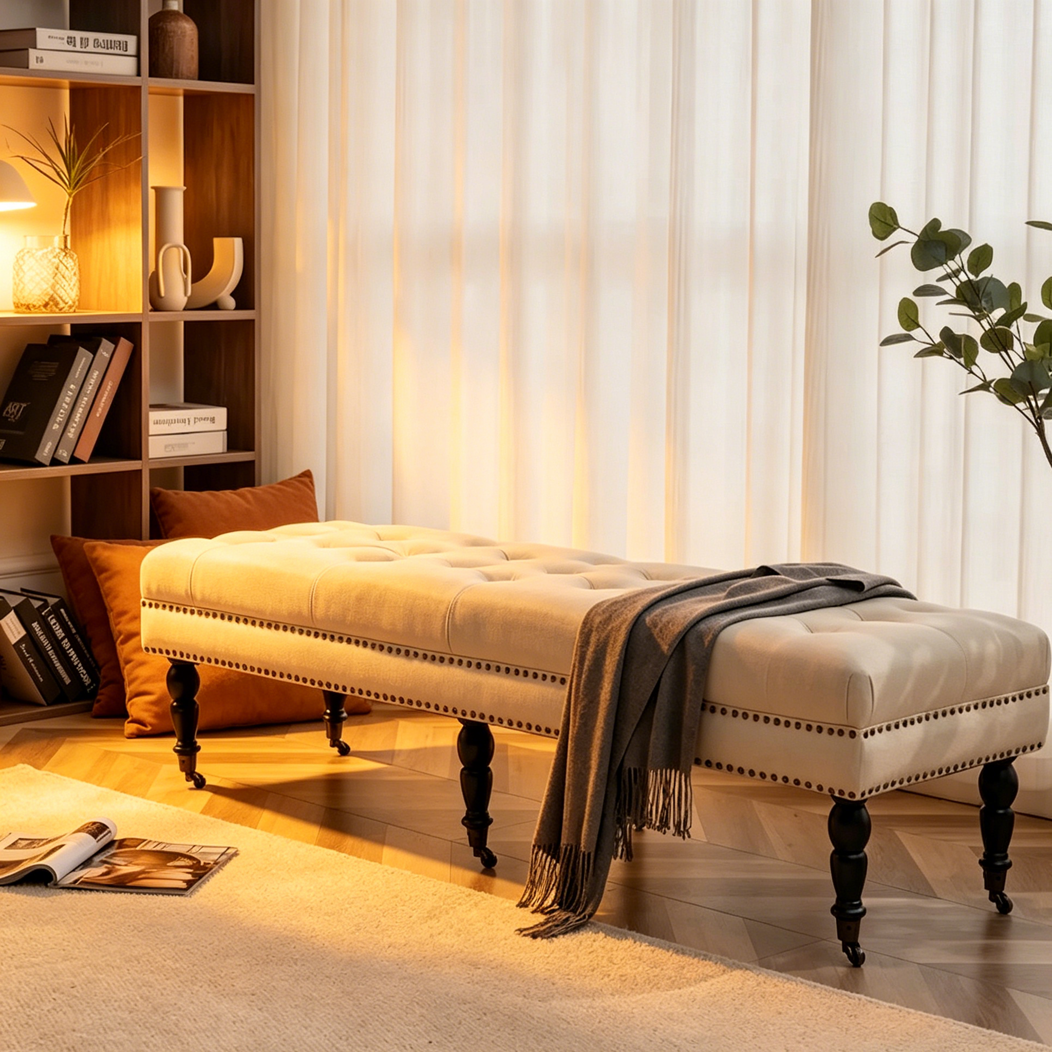 Banc décoratif rembourré (avec pieds en bois d'hévéa et roulettes)