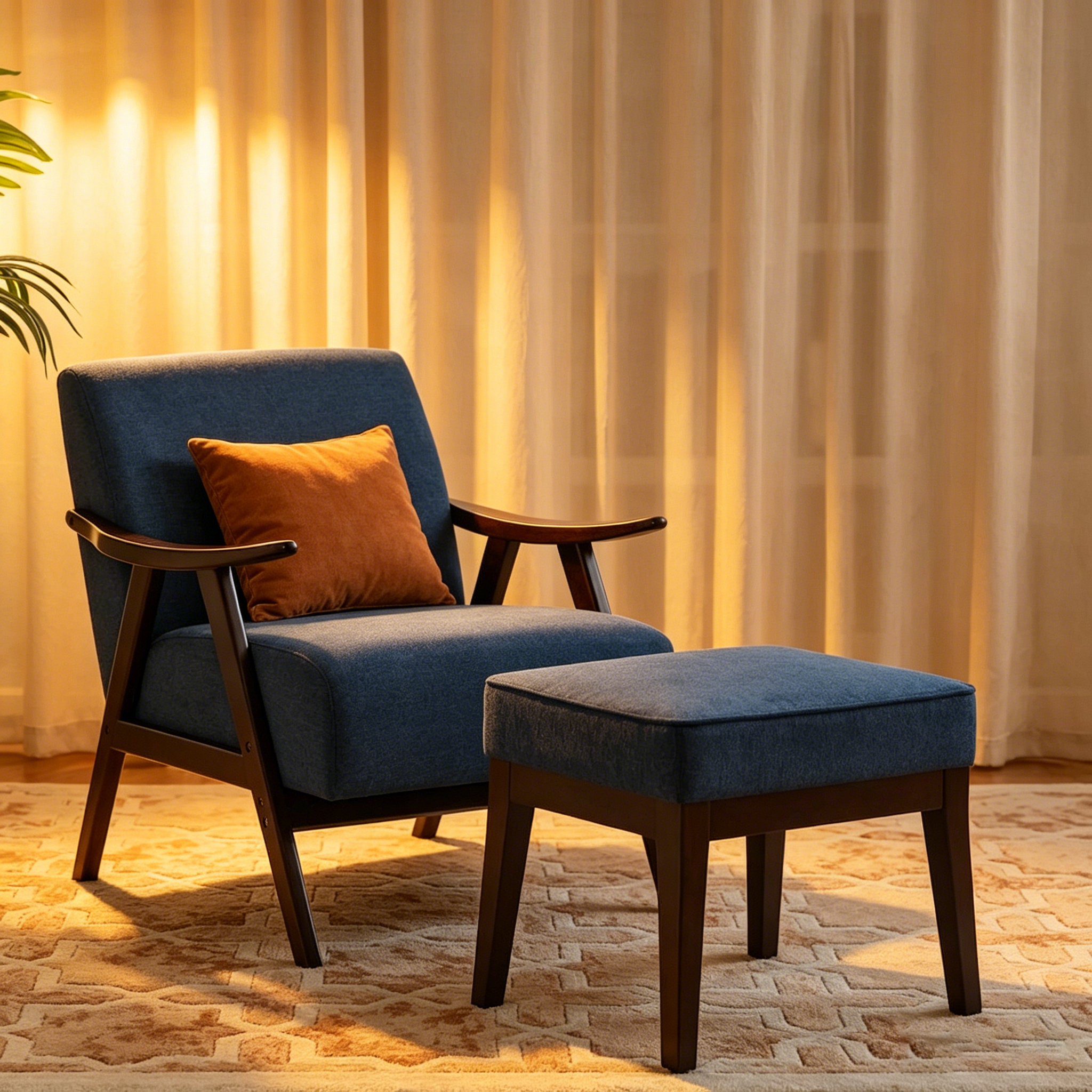 Fauteuil rembourré Mid-Century 27.7 avec cadre en bois massif et repose-pieds