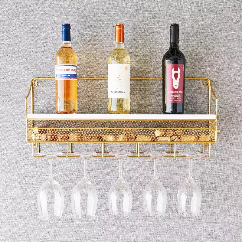 Twine Gold Wall Mounted Wine Rack, Integrated Cork Storage, Holds 8 Wine Bottles & 5 Wine Glasses, Wood and Cast Iron, Wedding Gifts, Home Bar Decor