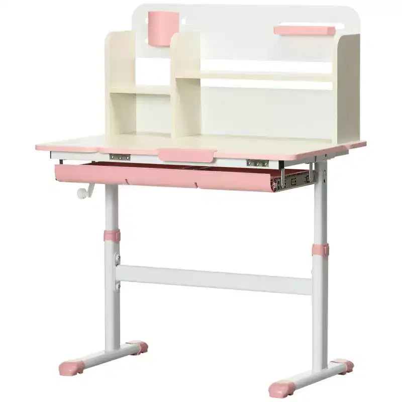 Qaba Kids Desk, Height Adjustable Children School Study Table, Student Writing Desk with Tilt Desktop, Drawer, Storage Shelf, Pen Holder