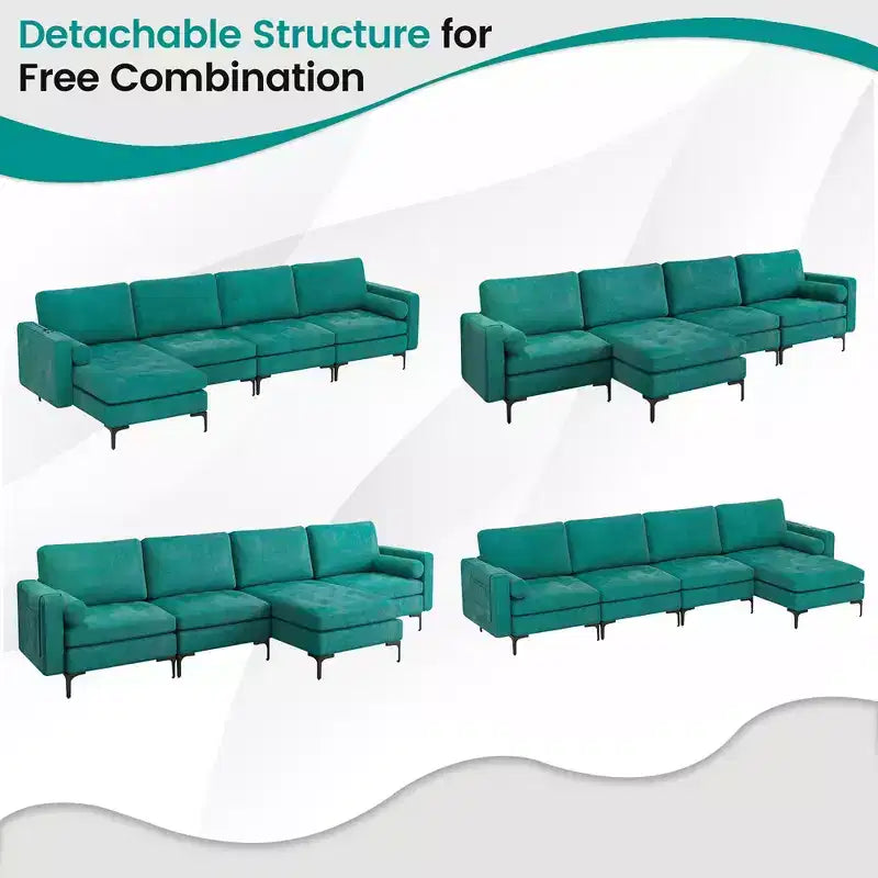 Costway Modular L-shaped Sectional Sofa w/ Reversible Chaise & 4 USB Ports Teal