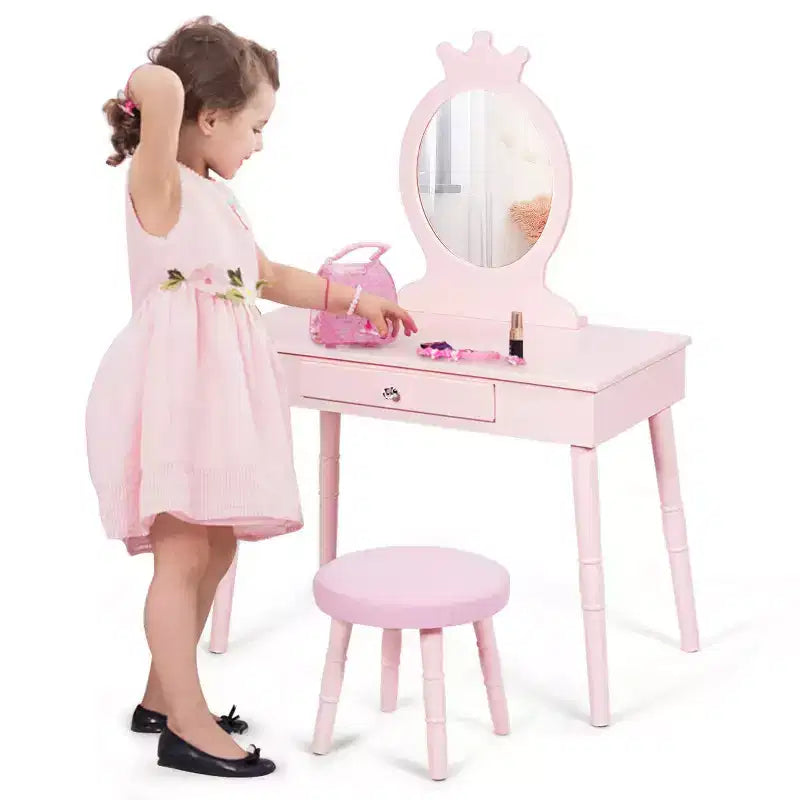 Costway Kids Vanity Makeup Table & Chair Set Make Up Stool Play Set for Children