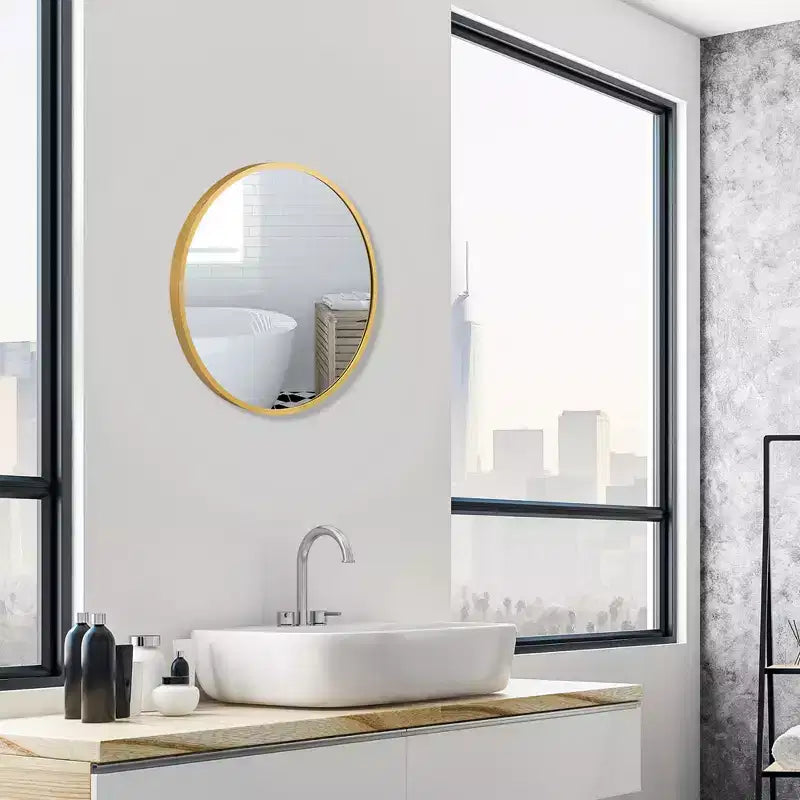 Costway 16''Round Wall Mounted Bathroom Mirror Aluminum Alloy Frame Decor Mirror Gold\Black