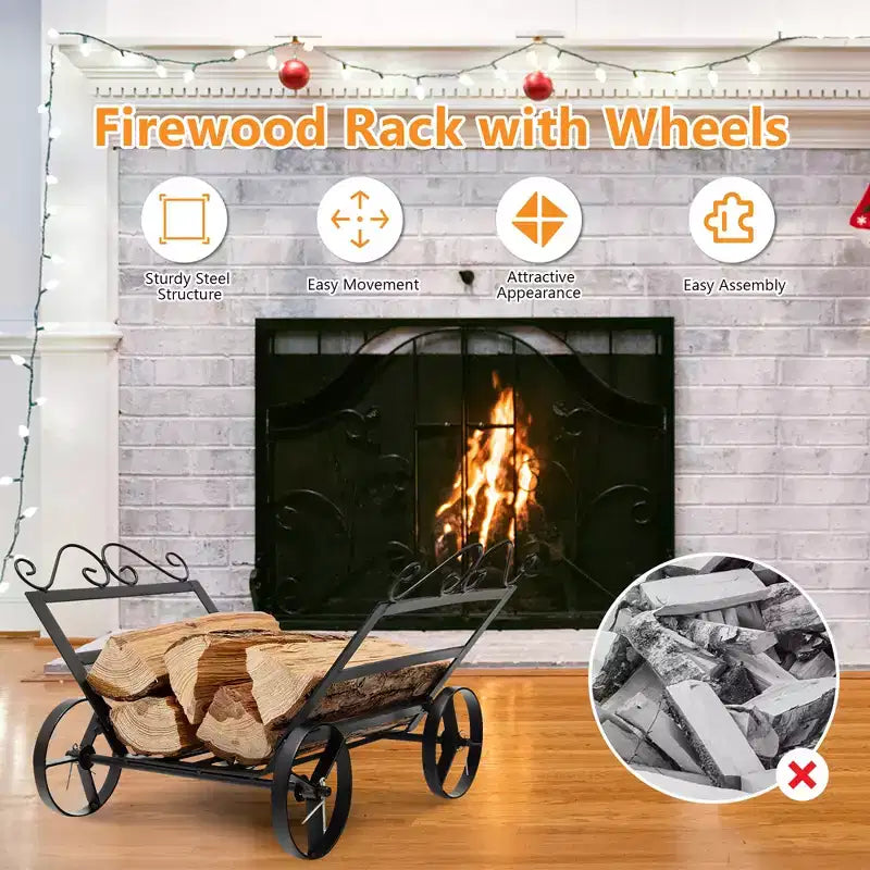 Costway Firewood Storage Rack Steel Fireplace Log Holder w/ Wheels