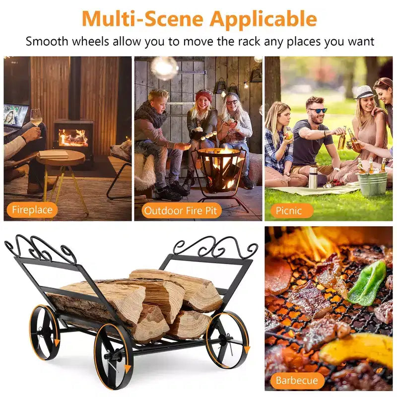 Costway Firewood Storage Rack Steel Fireplace Log Holder w/ Wheels