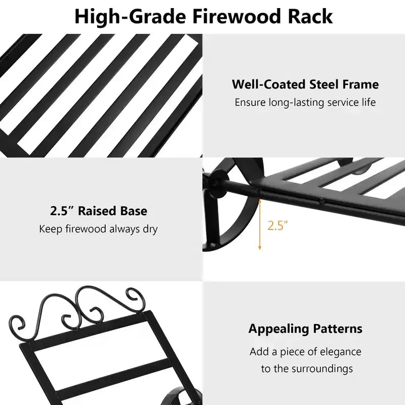 Costway Firewood Storage Rack Steel Fireplace Log Holder w/ Wheels