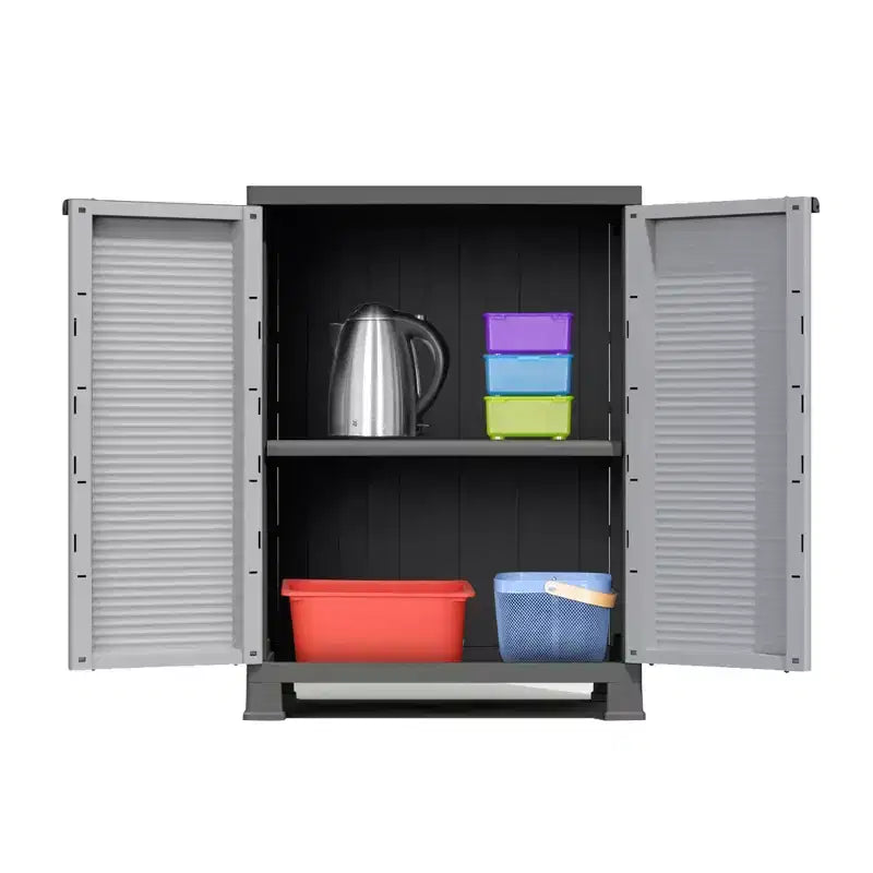 RAM Quality Products PRESTIGE UTILITY Indoor Outdoor Tool Storage Organizing Cabinet with Lockable Double Grey Doors