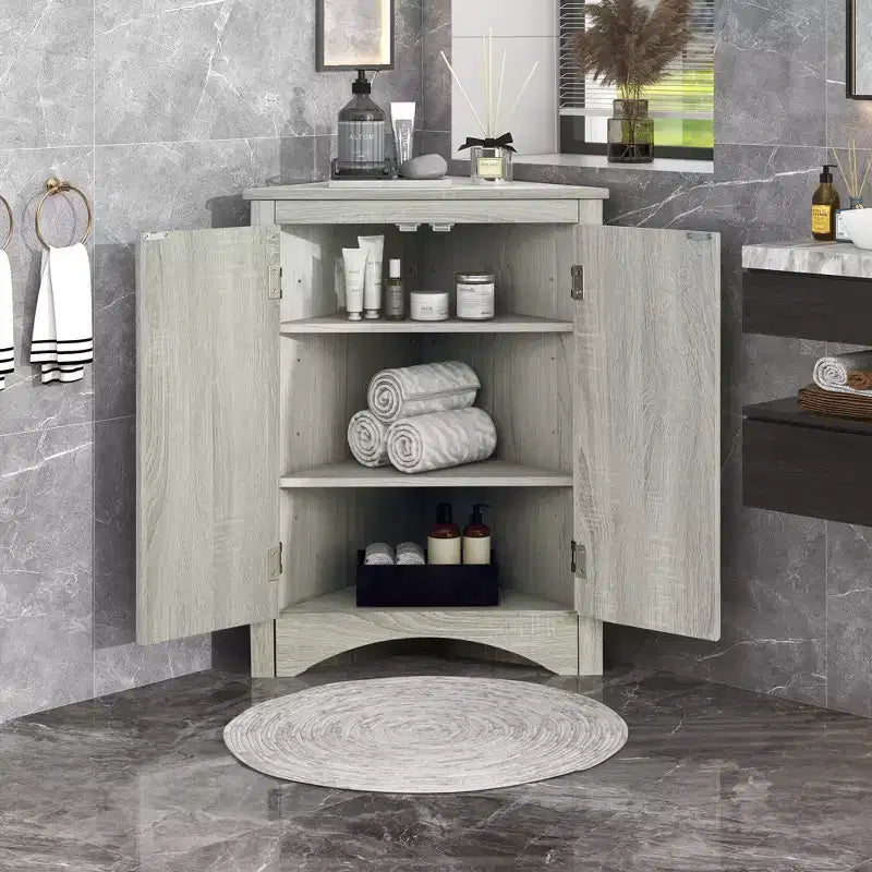 Rustic Corner Bathroom Storage Cabinet with Adjustable Shelves, Freestanding Floor Wood Cabinet - ModernLuxe