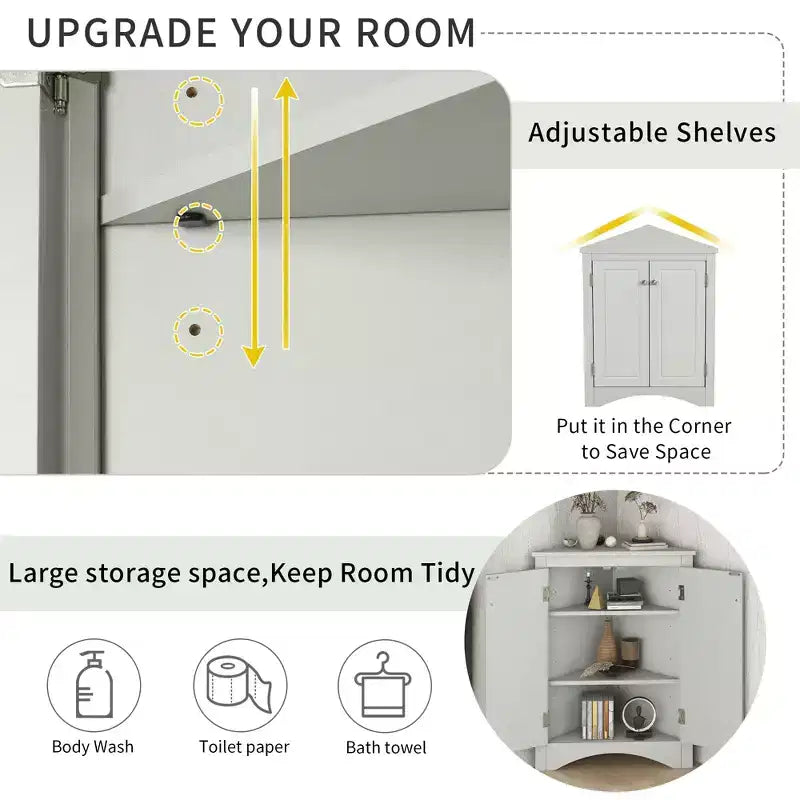 Rustic Corner Bathroom Storage Cabinet with Adjustable Shelves, Freestanding Floor Wood Cabinet - ModernLuxe