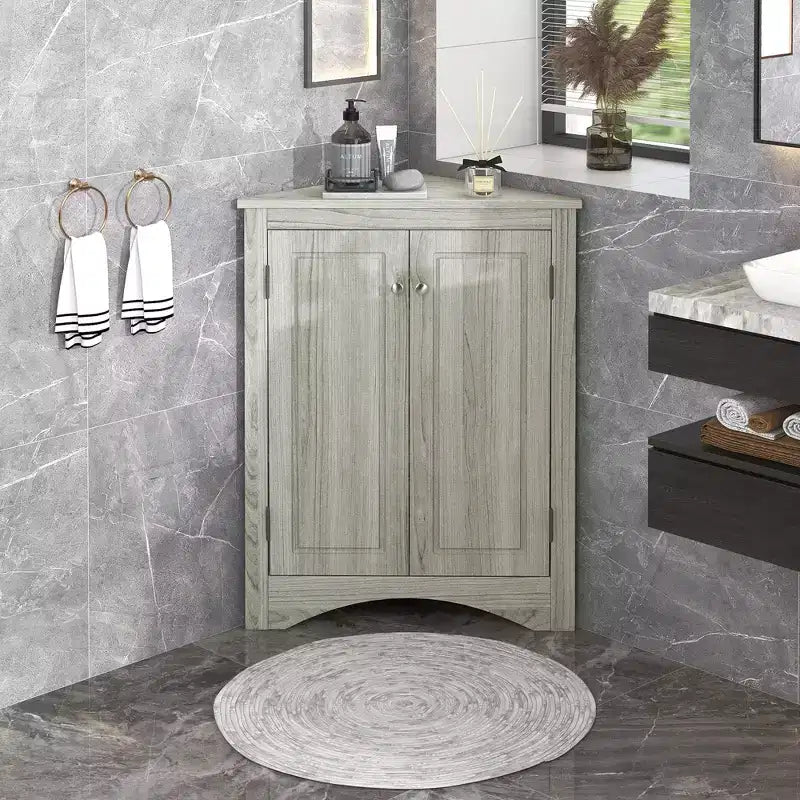 Rustic Corner Bathroom Storage Cabinet with Adjustable Shelves, Freestanding Floor Wood Cabinet - ModernLuxe