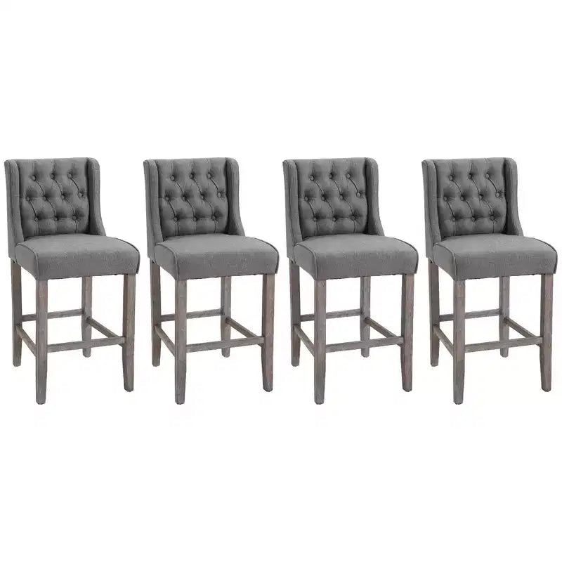 HOMCOM Counter Height Bar Stools, Tufted Wingback Armless Upholstered Dining Chair with Rubber Wood Legs, Set of 4, Gray