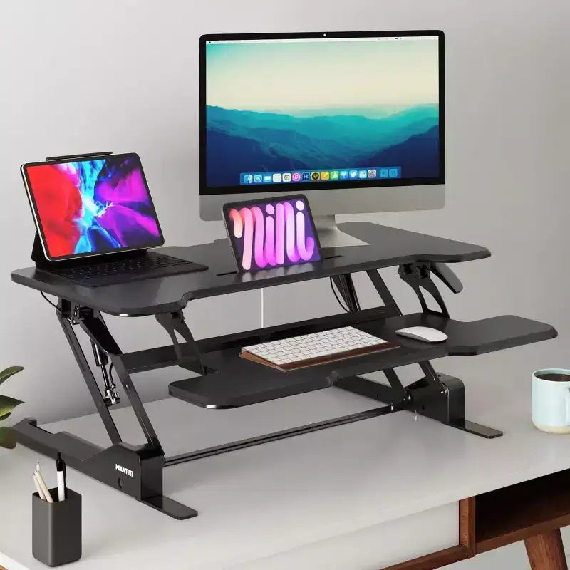 Mount-It! Height Adjustable Stand Up Desk Converter | 38 Wide Tabletop Standing Desk Riser with Gas Spring & Keyboard Tray Fits Two Monitors | Black