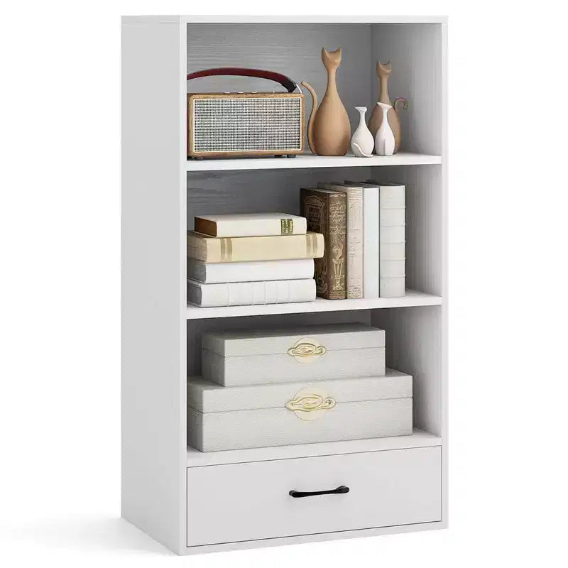 Costway 4-Tier Bookcase 48'' Display Bookshelf Storage Organizer with Shelves & Drawer Grey/White/Natural