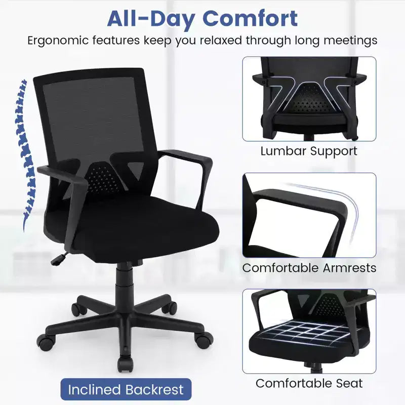 Costway Mesh Office Chair Swivel Rocking Chair Adjustable w/ Armrests & Lumbar Support