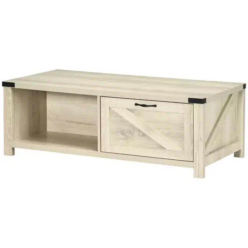 HOMCOM Farmhouse Coffee Table with Storage Drawer and Open Shelf, Rustic Coffee Table for Living Room