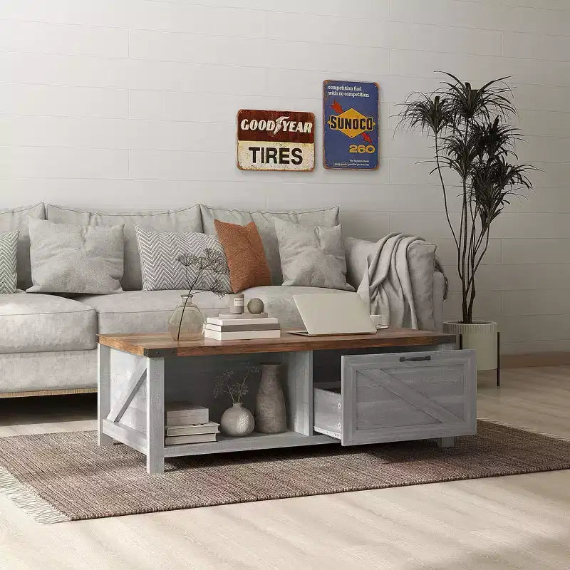 HOMCOM Farmhouse Coffee Table with Storage Drawer and Open Shelf, Rustic Coffee Table for Living Room