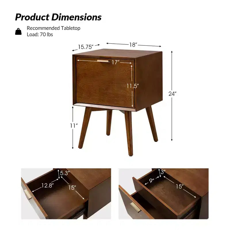 Doris 2 - Drawer Mid-century end table with Built-In Outlets | HULALA HOME