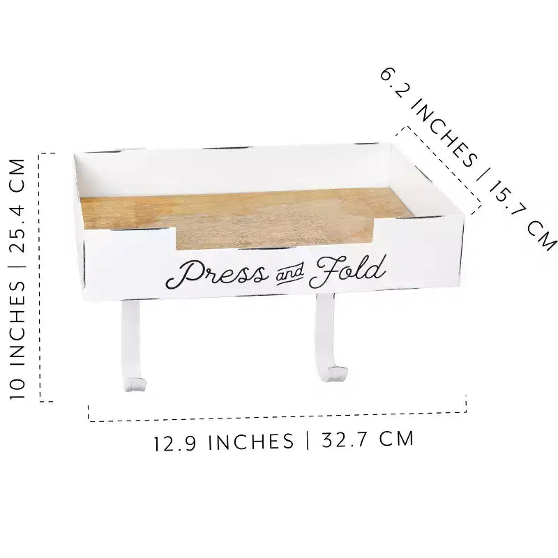 AuldHome Design White Farmhouse Enamelware Ironing Board Caddy; Wall-Mounted Rustic Ironing Board Holder w/ Storage Shelf