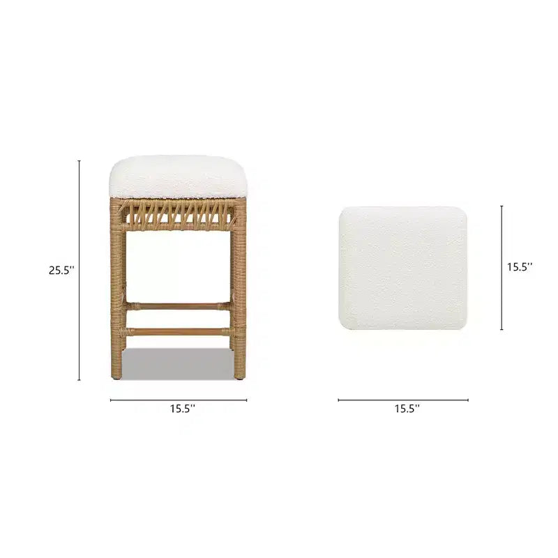 Jennifer Taylor Home Lucia 25.5 Backless Upholstered Counter Stool with Resin Rattan Frame, Ivory White Boucle