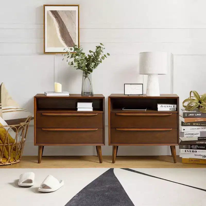 Margery Mid-century Modern 2 - Drawer end table with Built-In Outlets and Cable Management and Open Shelf Set of 2| HULALA HOME