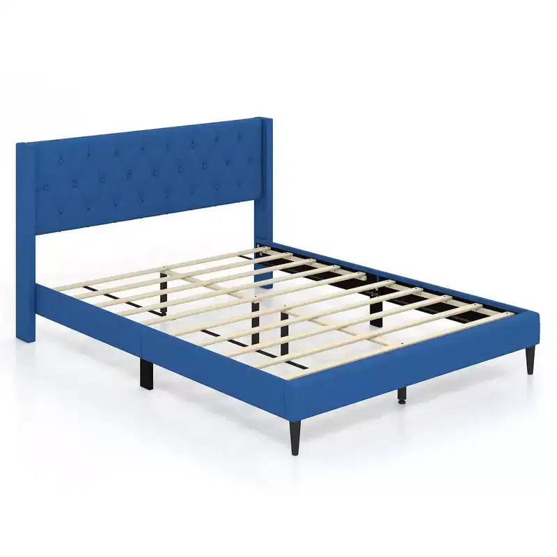 Costway Queen Size Upholstered Platform Bed with Button Tufted Wingback Headboard Blue/Grey