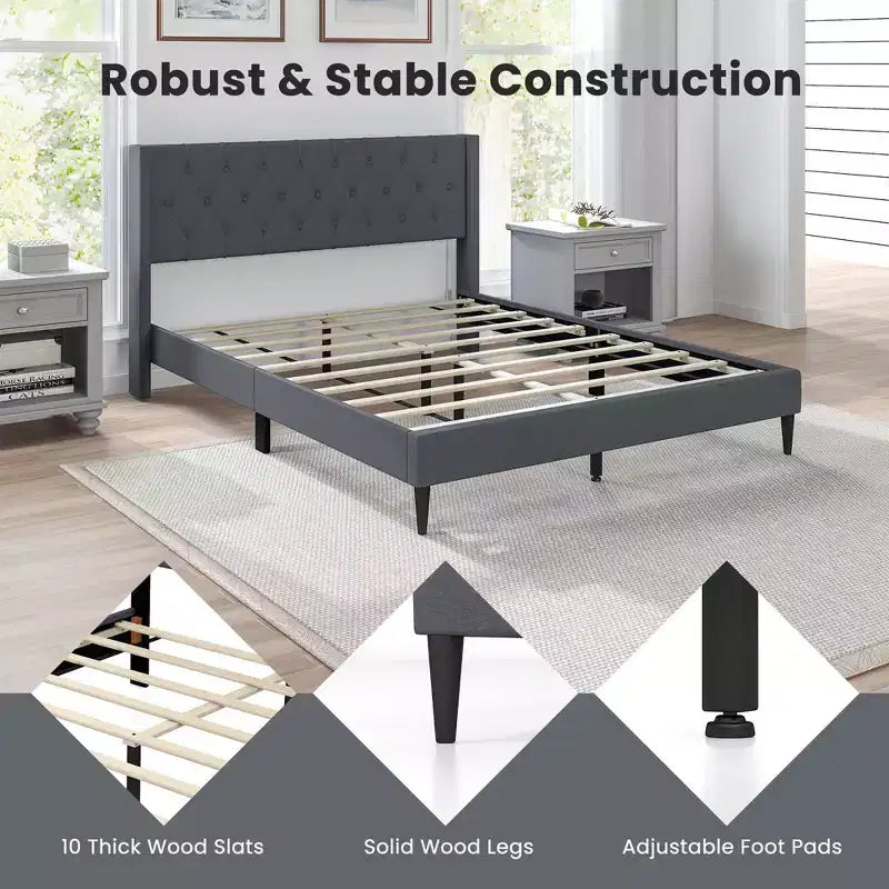 Costway Queen Size Upholstered Platform Bed with Button Tufted Wingback Headboard Blue/Grey