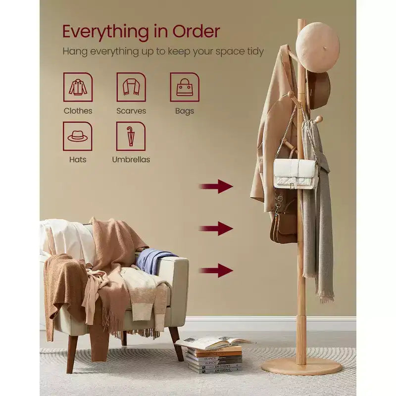 VASAGLE Solid Wood Coat Rack, Wood Hall Tree with 7 Rounded Hooks Dark Walnut