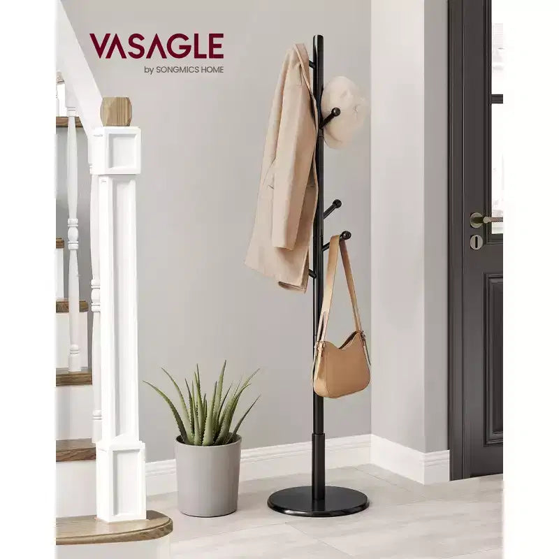 VASAGLE Solid Wood Coat Rack, Wood Hall Tree with 7 Rounded Hooks Dark Walnut