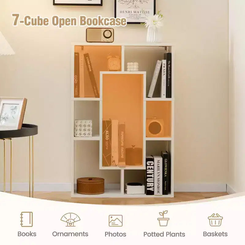 Costway 7-Cube Geometric Bookshelf with Anti-Toppling Device Modern Open Bookcase White/Black/Oak/Rustic Brown/Natural/Grey