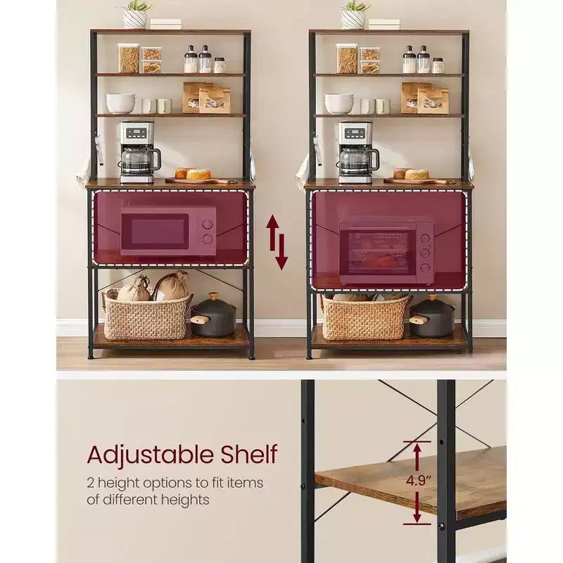 VASAGLE Baker's Rack Microwave Oven Stand Kitchen Tall Utility Storage Shelf 6 Hooks and Metal Frame