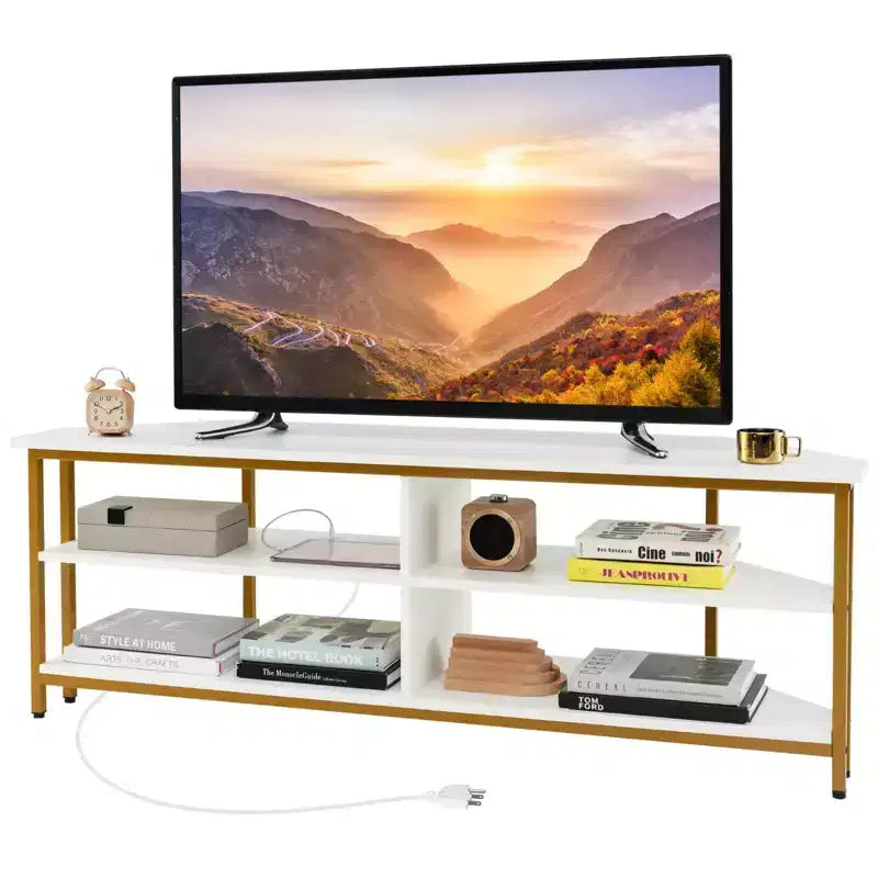 Costway Corner TV Stand for TVs up to 65 TV Console Table with AC Outlets&USB A Ports Rustic Brown/Black/White