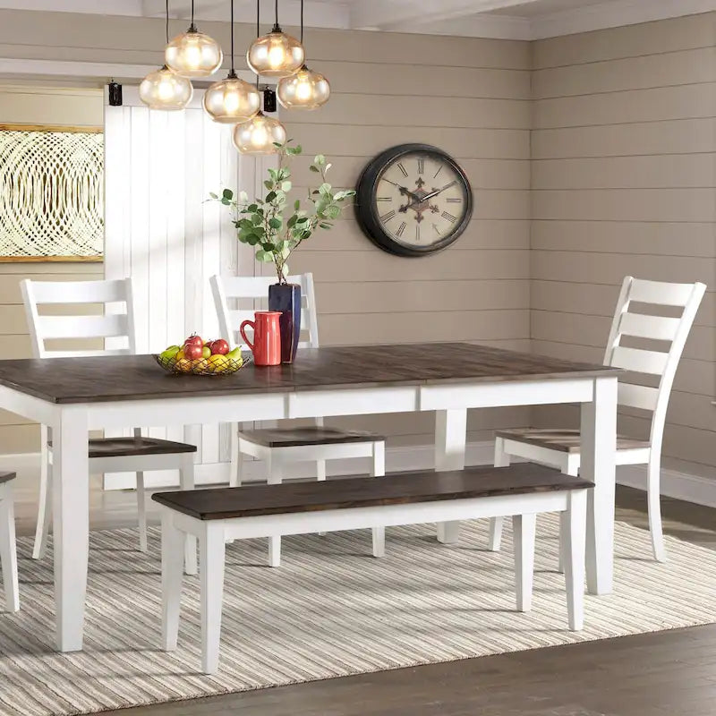 Banc sans dossier gris et blanc avec assise en bois