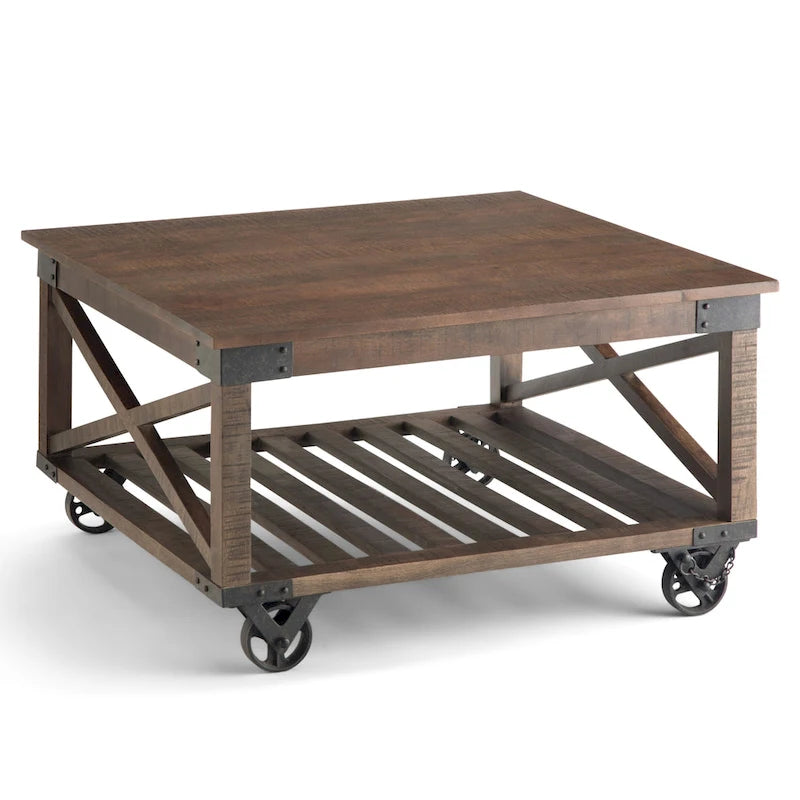 Table basse carrée de style industriel, 81 cm — Bois de manguier massif et métal, finition marron foncé vieilli