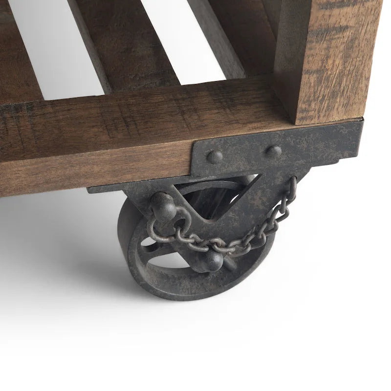 Table basse carrée de style industriel, 81 cm — Bois de manguier massif et métal, finition marron foncé vieilli