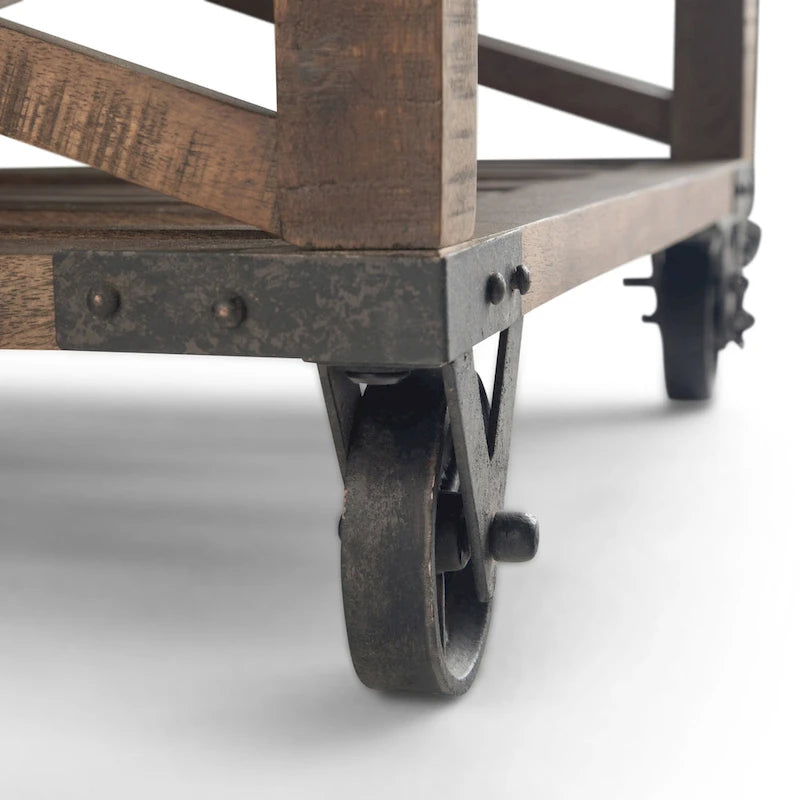 Table basse carrée de style industriel, 81 cm — Bois de manguier massif et métal, finition marron foncé vieilli