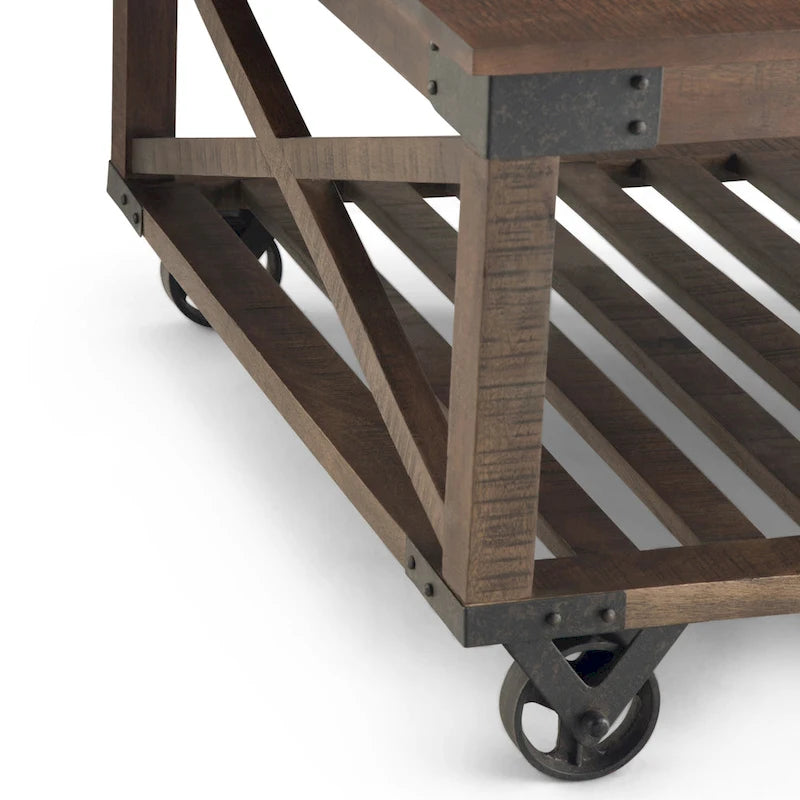 Table basse carrée de style industriel, 81 cm — Bois de manguier massif et métal, finition marron foncé vieilli