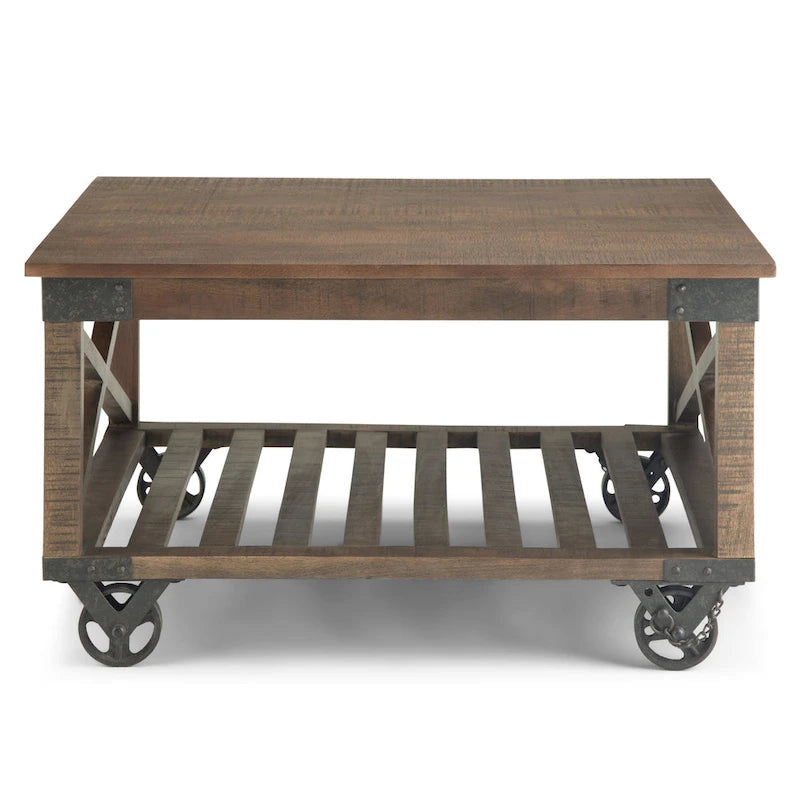 Table basse carrée de style industriel, 81 cm — Bois de manguier massif et métal, finition marron foncé vieilli