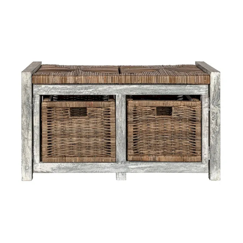 Banc de rangement rustique gris à 2 tiroirs en osier, 30 po