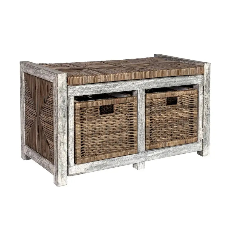 Banc de rangement rustique gris à 2 tiroirs en osier, 30 po